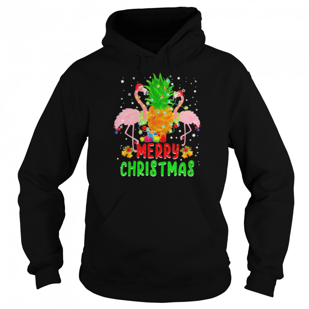 santa flamingo christmas tree pineapple xmas light merry christmas shirt unisex hoodie