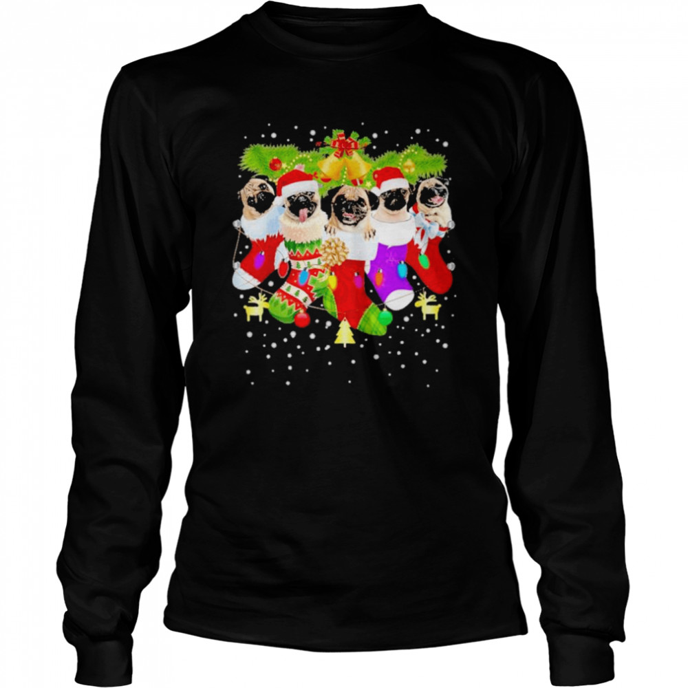 Santa pugs in Christmas socks xmas dog lover pug mom shirt Long Sleeved T-shirt