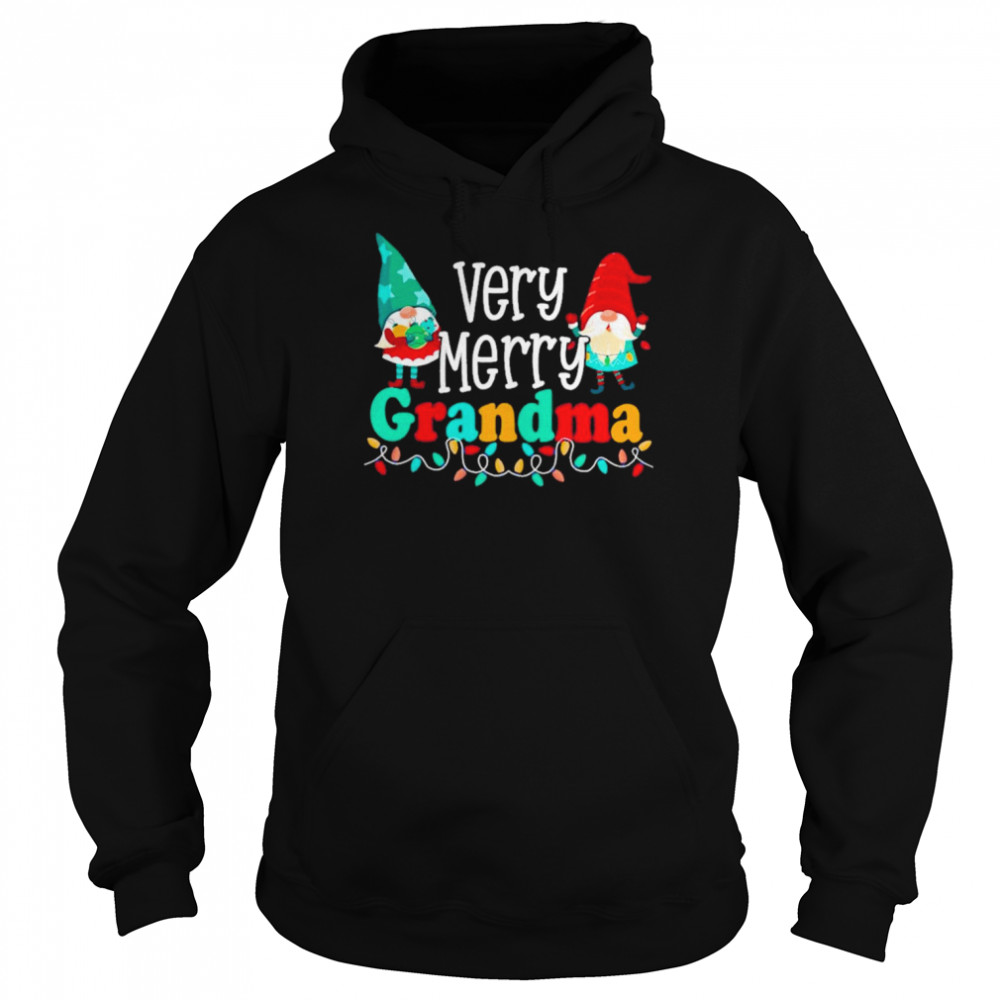 very merry grandma gnomes and colorful string lights christmas t shirt unisex hoodie