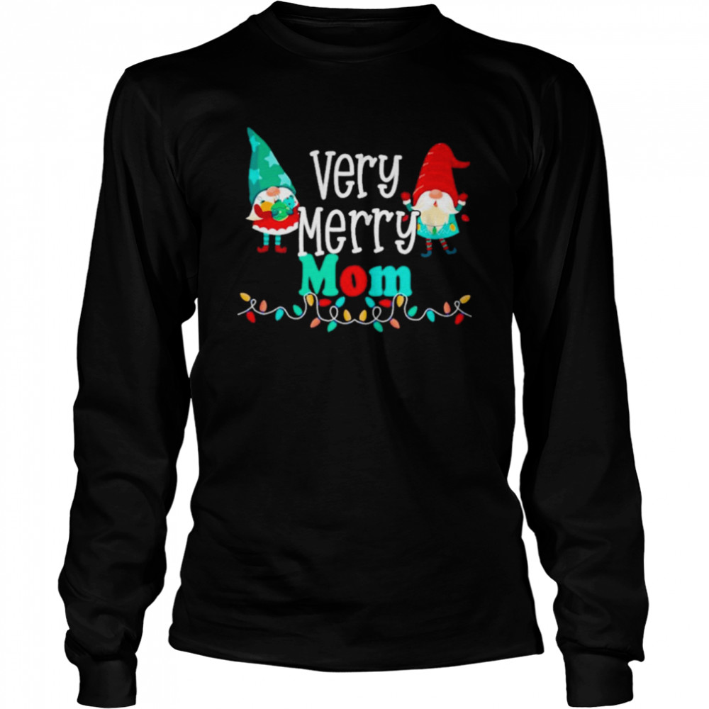 very merry mom gnomes and colorful string lights christmas t shirt long sleeved t shirt