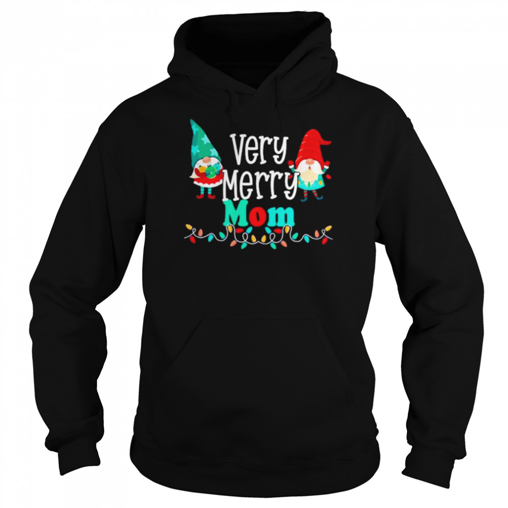 very merry mom gnomes and colorful string lights christmas t shirt unisex hoodie