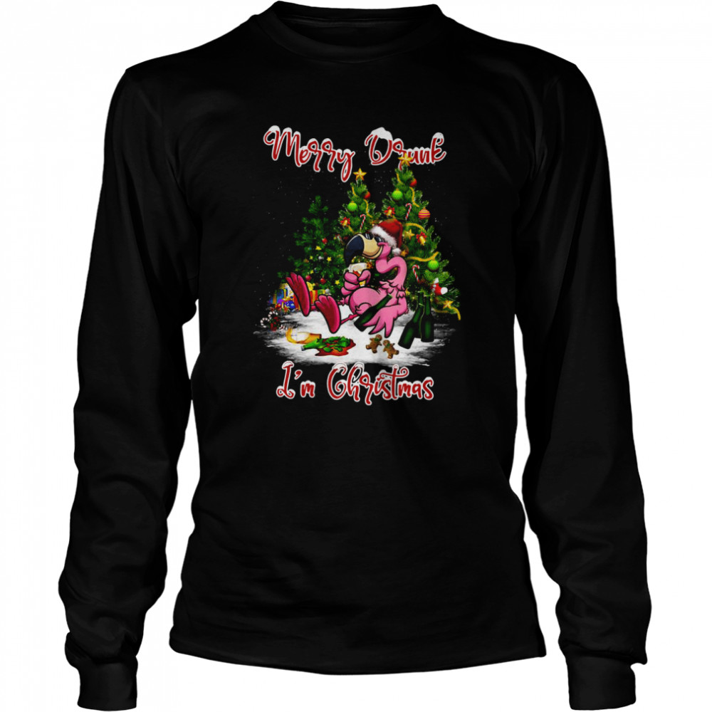 Santa Flamingo Merry Drunk I’m Christmas Tree Gift shirt Long Sleeved T-shirt